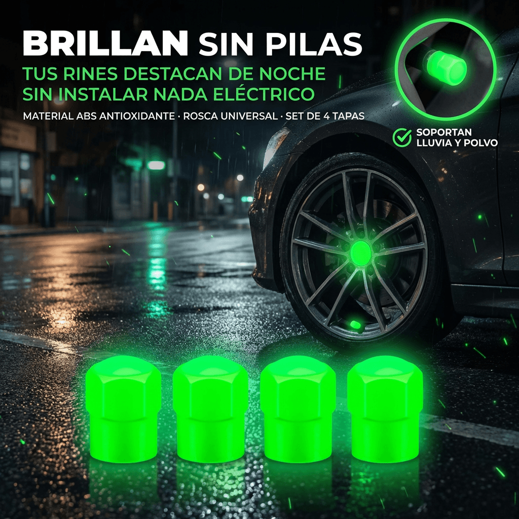 Kit 4 Tapas de Válvula Fluorescentes Universales - Rines que brillan solos en la oscuridad