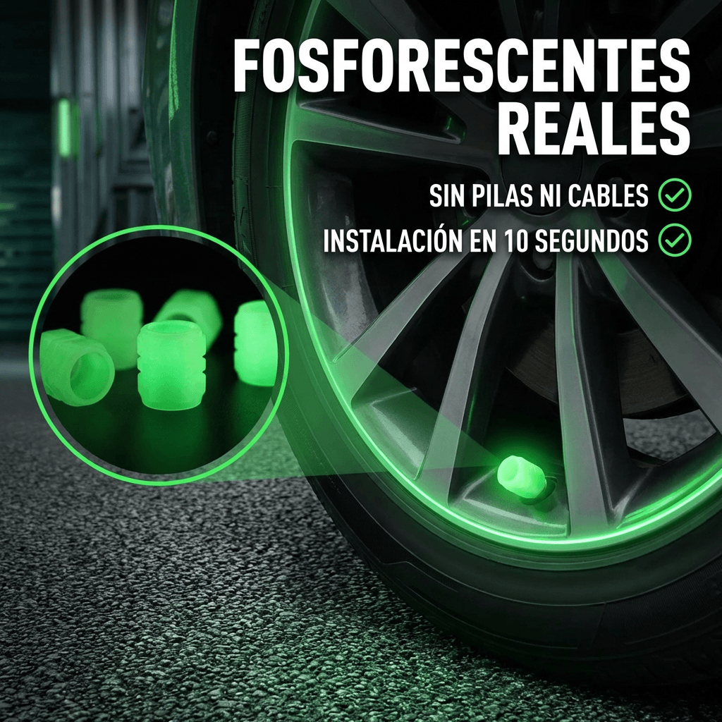 Kit 4 Tapas de Válvula Fluorescentes Universales - Rines que brillan solos en la oscuridad
