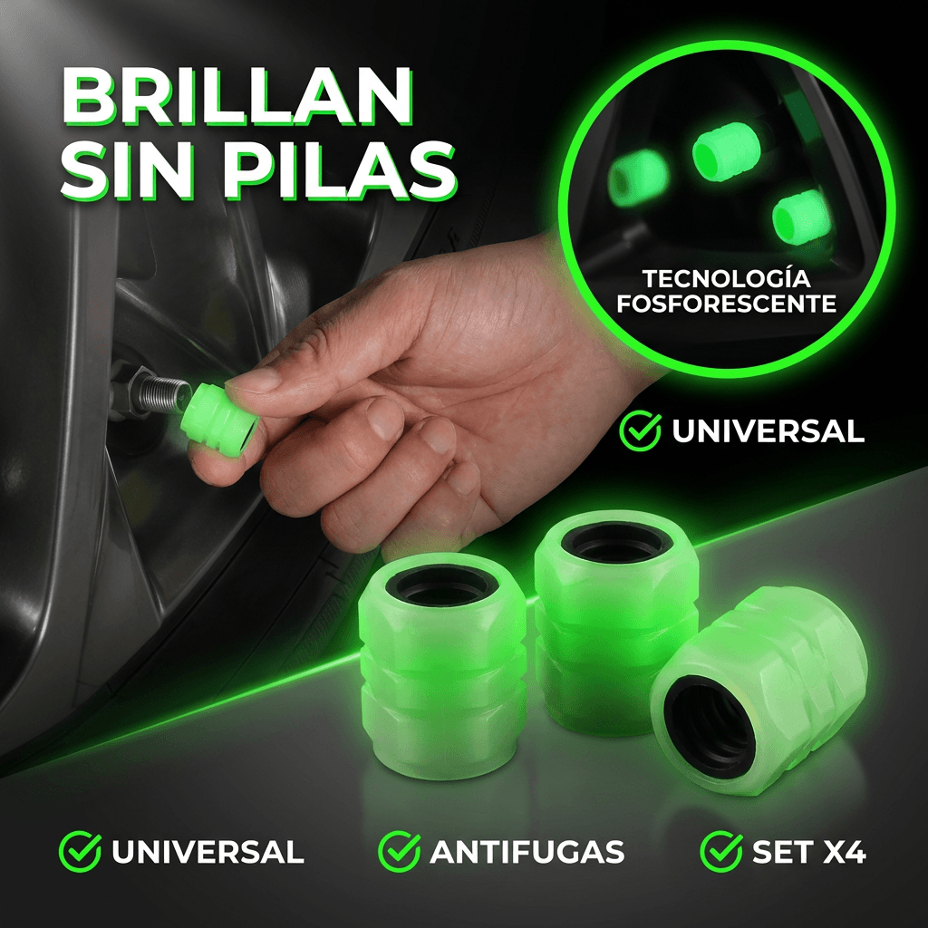 Kit 4 Tapas de Válvula Fluorescentes Universales - Rines que brillan solos en la oscuridad
